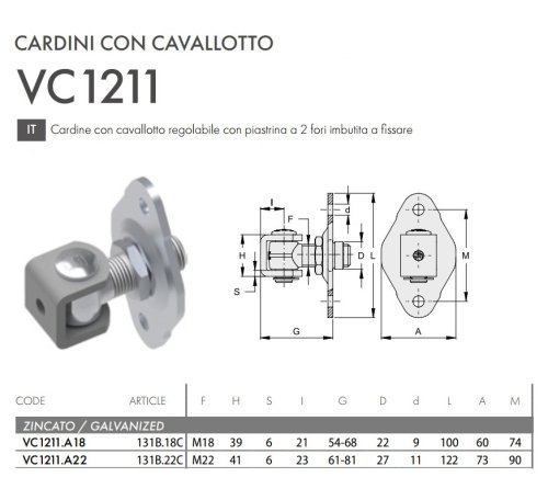 Cardine cancello in acciaio zincato cavallotto regolabile e piastrina 2 fori FAC VC1211 - | M18