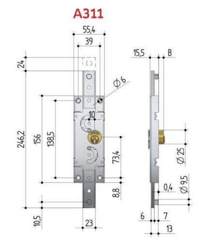 Serratura verticale DX per serrande scorrevoli PREFER A311.0012.0200