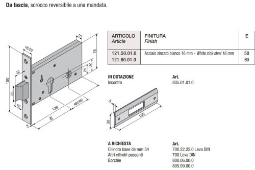 Serratura Welka 121 scrocco reversibile 1 mandata F16 mm - E mm 50