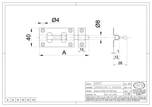 Catenaccio cannone in acciaio brunito IBFM 7/N - mm 60