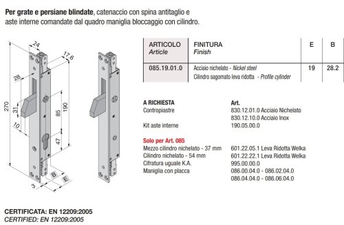 Serratura Welka 085.19 per persiane blindate aste interne E19 mm