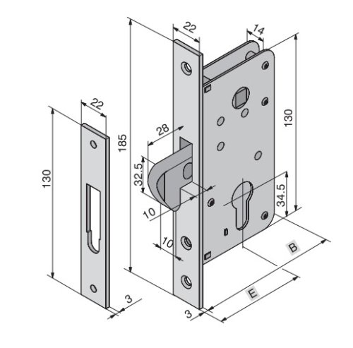 Serratura a gancio Welka 026 frontale 22 mm - E mm 30