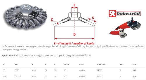 Spazzola circolare conica in acciaio per smerigliatrice angolare foro M14 - mm 95