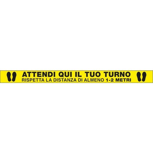 Adesivo cm.100x8 "ATTENDI QUI IL TUO TURNO" segnaletica covid - colore GIALLO