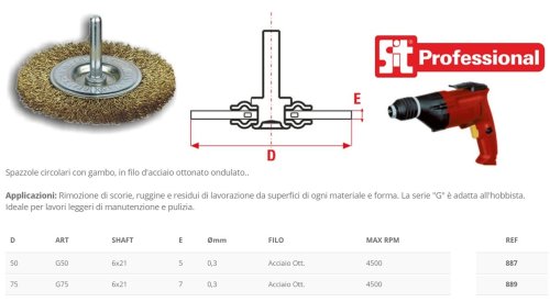 Spazzola circolare con gambo ø 6 mm per trapano in filo d'acciaio ottonato - mm 75