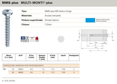 Vite HECO MMS-PLUS acciaio temprato testa fungo Torx zincata - ø mm 7,5x45