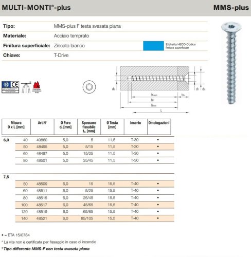 Vite HECO MMS-PLUS F testa svasata Torx acciaio zincato - ø mm 6x40