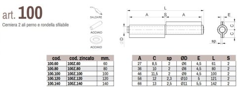 Cerniere 2 ali in acciaio con perno sfilabile COMBI 100 - mm 60