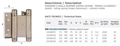 Cerniere a molla Bommer acciaio nichelato ALDEGHI 101AN  - mm 100