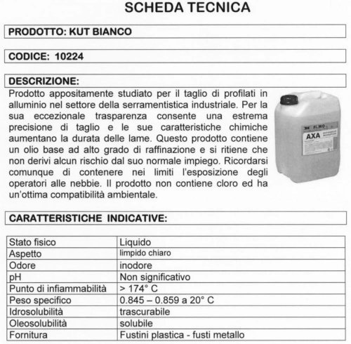 Olio fluido lubrificante per taglio alluminio FIMO KUT BIANCO tanica 5 lt