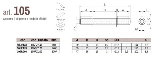 Cerniere 3 ali in acciaio perno sfilabile Combi 105P - mm 140