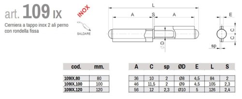 Cerniere 2 ali acciaio inox perno fisso COMBI 109IX - mm 80