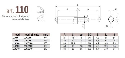 Cerniere 2 ali in acciaio perno fisso Combi 110 - mm 60