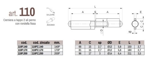 Cerniere 2 ali in acciaio zincato perno fisso Combi 110P - mm 140