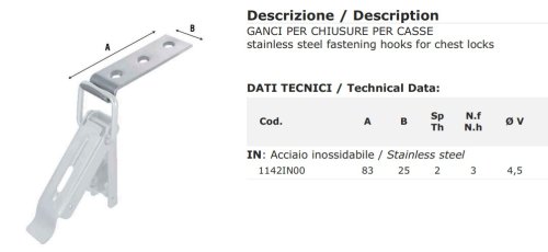 Gancio acciaio inox per chiusura casse Aldeghi 1142IN00 mm 83x25