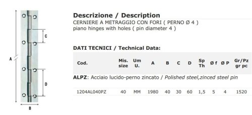 Cerniera in acciaio lucido forata Aldeghi 1204 mm 1980x40