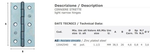 Cerniera 2 ali strette acciaio zincato ALDEGHI 120 mm 38,5x26