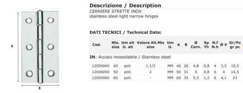 Cerniera 2 ali strette forate acciaio inox ALDEGHI 120IN - mm 40