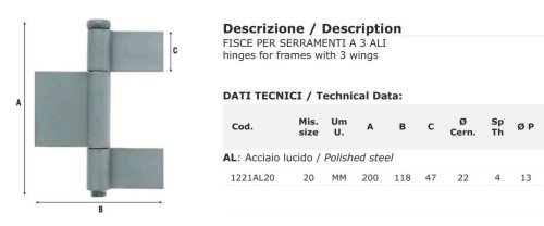 Fisce cerniera 3 ali Aldeghi 1221AL acciaio lucido mm 200