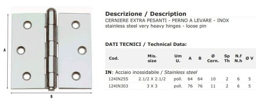 Cerniera pesante 2 ali acciaio inox Aldeghi 124IN - mm 64x64