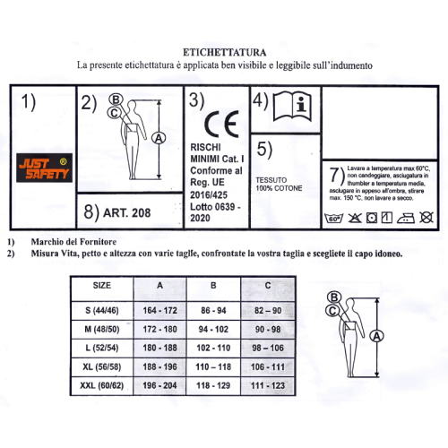 Camice da lavoro Just Safety 208 in cotone blu 100% con 3 tasche - taglia 46