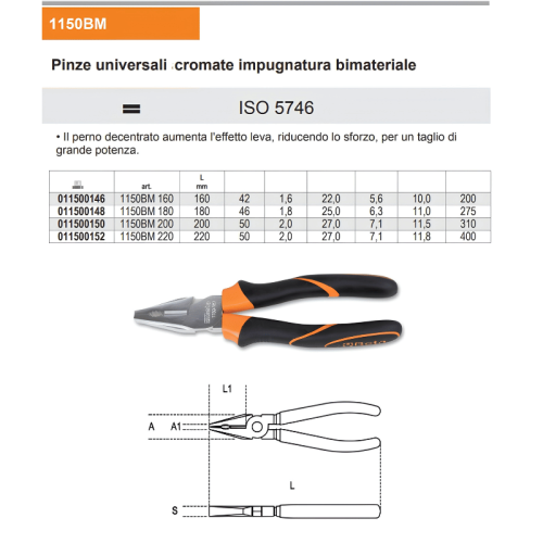 Pinza universale cromata impugnatura bimateriale Beta 1150BM - mm 160