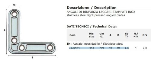 Piastrina di rinforzo angolare in acciaio inox Aldeghi 153IN mm 40x40