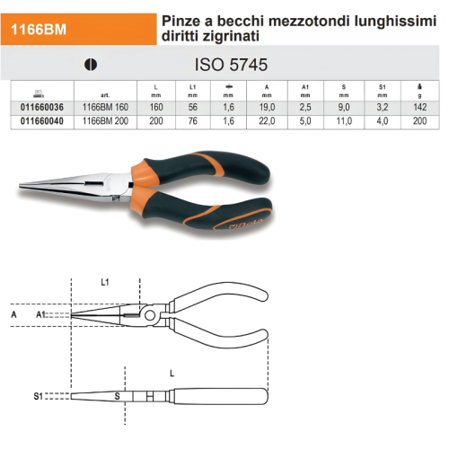Pinza a becchi mezzotondi lunghissimi diritti Beta 1166BM - mm 160