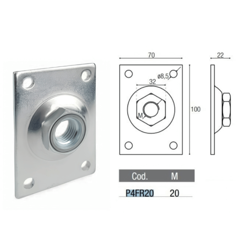 ADEM P4FR20 piastra rettangolare supporto cardine ante cancello foro M20