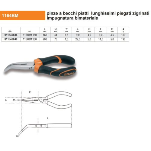 Pinza becchi piatti lunghi piegati Beta 1164BM - mm 160