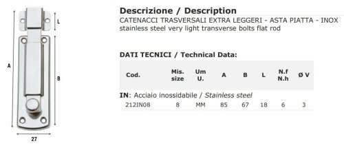 Catenaccio trasversale in acciaio inox Aldeghi 212IN mm 85x27