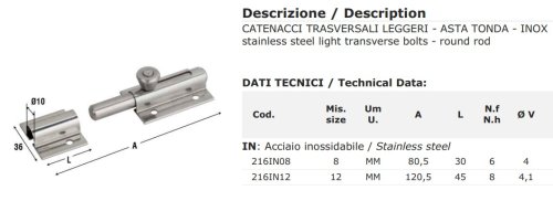 Catenaccio trasversale asta tonda in acciaio inox Aldeghi 216IN - mm 80