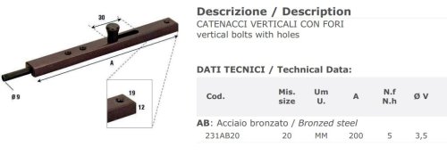 Catenaccio verticale in acciaio bronzato Aldeghi 231AB mm 200x19