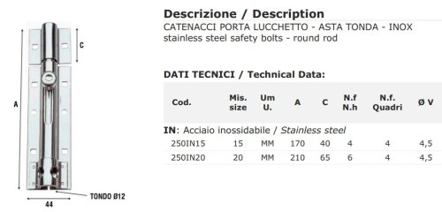 Catenaccio portalucchetto acciaio inox Aldeghi 250IN - mm 150