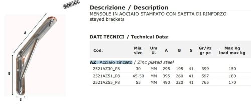 Mensola in acciaio zincato con rinforzo Aldeghi 2521AZ - mm 300