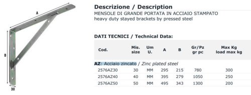 Mensola di grande portata in acciaio zincato Aldeghi 2576AZ - mm 300