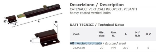 Catenaccio verticale acciaio bronzato Aldeghi 262AB mm 200x50