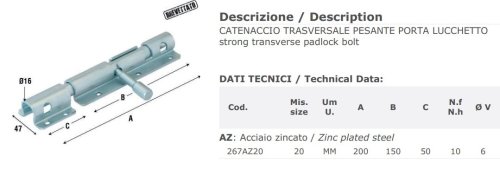 Catenaccio trasversale in acciaio zincato Aldeghi 267AZ mm 200x47