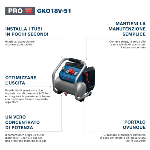 Bosch PRO GKO18V-51 Compressore aria 4,5 L - fornito senza batteria