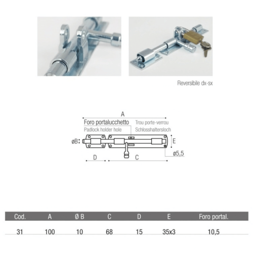 Catenaccio orizzontale ADEM 31 mm 100 perno ø 10 mm