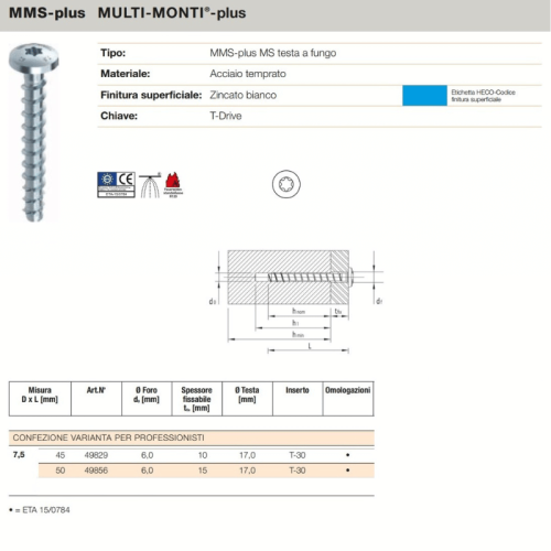 Vite HECO MMS-PLUS acciaio temprato testa fungo Torx zincata - ø mm 7,5x45