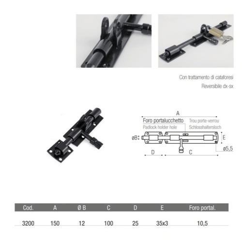 Catenaccio orizzontale verniciato nero ADEM 3200 mm 150 ø perno mm 12