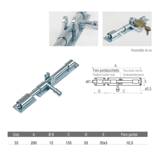 Catenaccio orizzontale ADEM 33 mm 200 perno ø 12 mm
