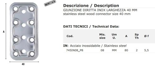 Giunzione diritta in acciaio inox Aldeghi 745IN - mm 80x40