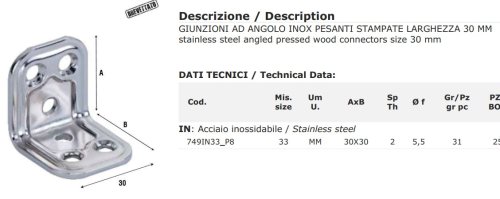 Giunzione ad angolo in acciaio inox Aldeghi 749IN mm 30x30