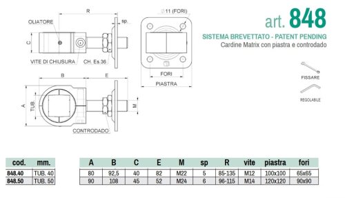 Cardine con piastra cancelli a battente MATRIX Combi 848 - M 40