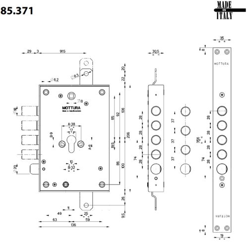 Serratura Mottura 85.371 chiusura triplice (INT.37 mm) foro cilindro profilo Europeo - mano DX