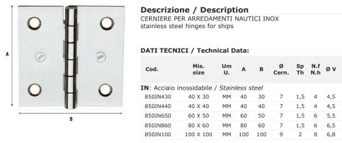 Cerniera nautica 2 ali in acciaio inox Aldeghi 850IN - mm 40x30