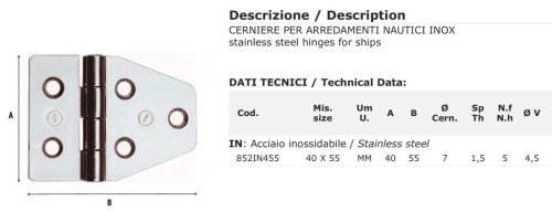 Cerniera nautica 2 ali in acciaio inox Aldeghi 852IN mm 40x55