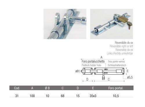 Catenaccio orizzontale ADEM 31 mm 100 perno ø 10 mm